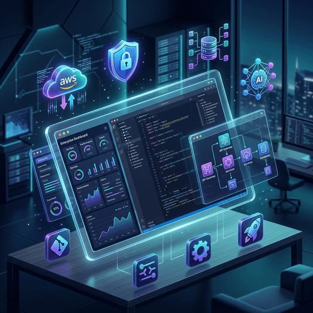 High-end custom software development illustration showing modern enterprise interface